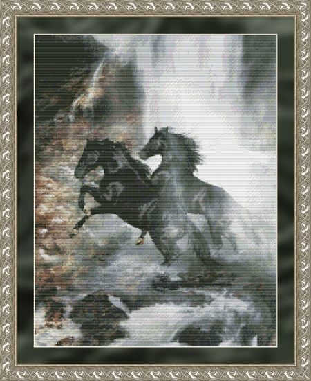 9715 Waterfall Horses Cross-stitch - Click Image to Close