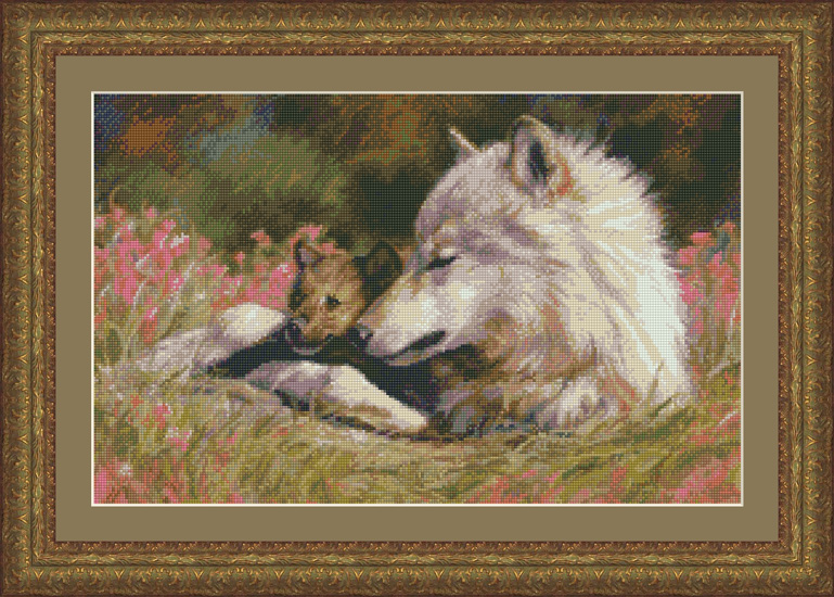 9884 Late Spring Wolf and Pup Cross-stitch - Click Image to Close