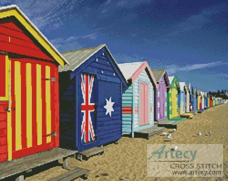 Bathing Boxes at Brighton Beach - Cross Stitch Chart - Click Image to Close