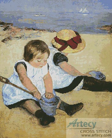 Children Playing on the Beach - Cross Stitch Chart - Click Image to Close