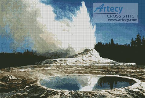 2044 Geyser, Yellowstone Park - Cross Stitch - Click Image to Close