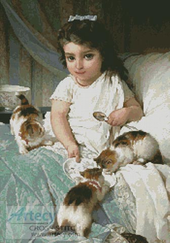 Kittens and Girl - Cross Stitch Chart - Click Image to Close