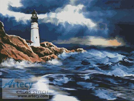 2046 Lighthouse in a Storm - Cross Stitch Chart - Click Image to Close