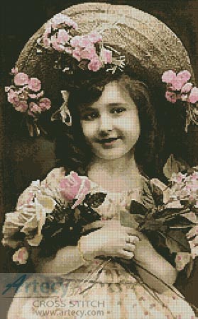 Victorian Girl and Roses - Cross Stitch Chart - Click Image to Close